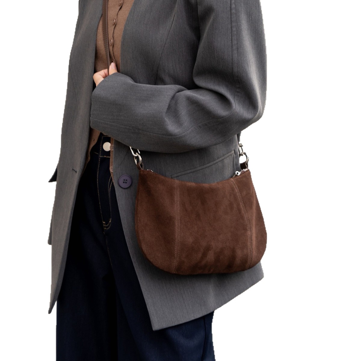 Frosted Cowhide Underarm Hobo Bag For Women, Fashionable Elegant Crescent Handbag, Suede Crossbody Dumpling Bag - Thumbnail 5