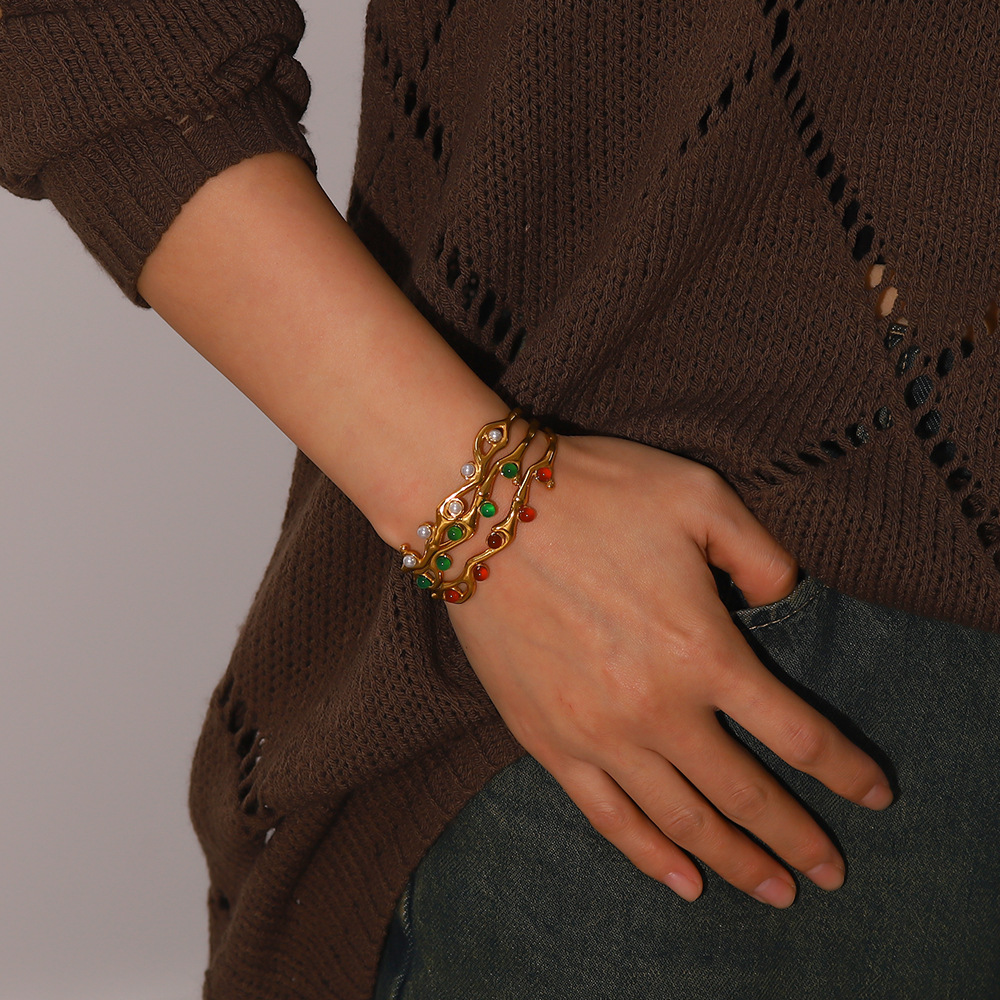 Retro Geometric Stainless Steel Plating Natural Stone Bangle 1 Piece