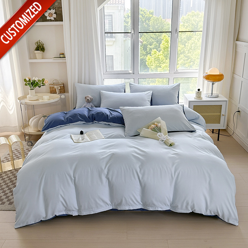 Juego de sábanas de algodón lavado cepillado de cuatro piezas, estilo primavera y otoño, color liso sencillo, juego de cama de alta gama, lujo personalizado al por mayor.