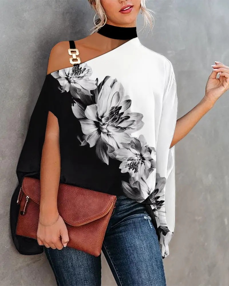 2022 estación independiente deseo Amazon popular verano Halter Batwing manga camisa impresa camisa de las mujeres ropa de mujer