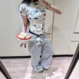 美式复古满印小狗正肩短袖t恤女夏季小个子韩版修身显瘦百搭上衣