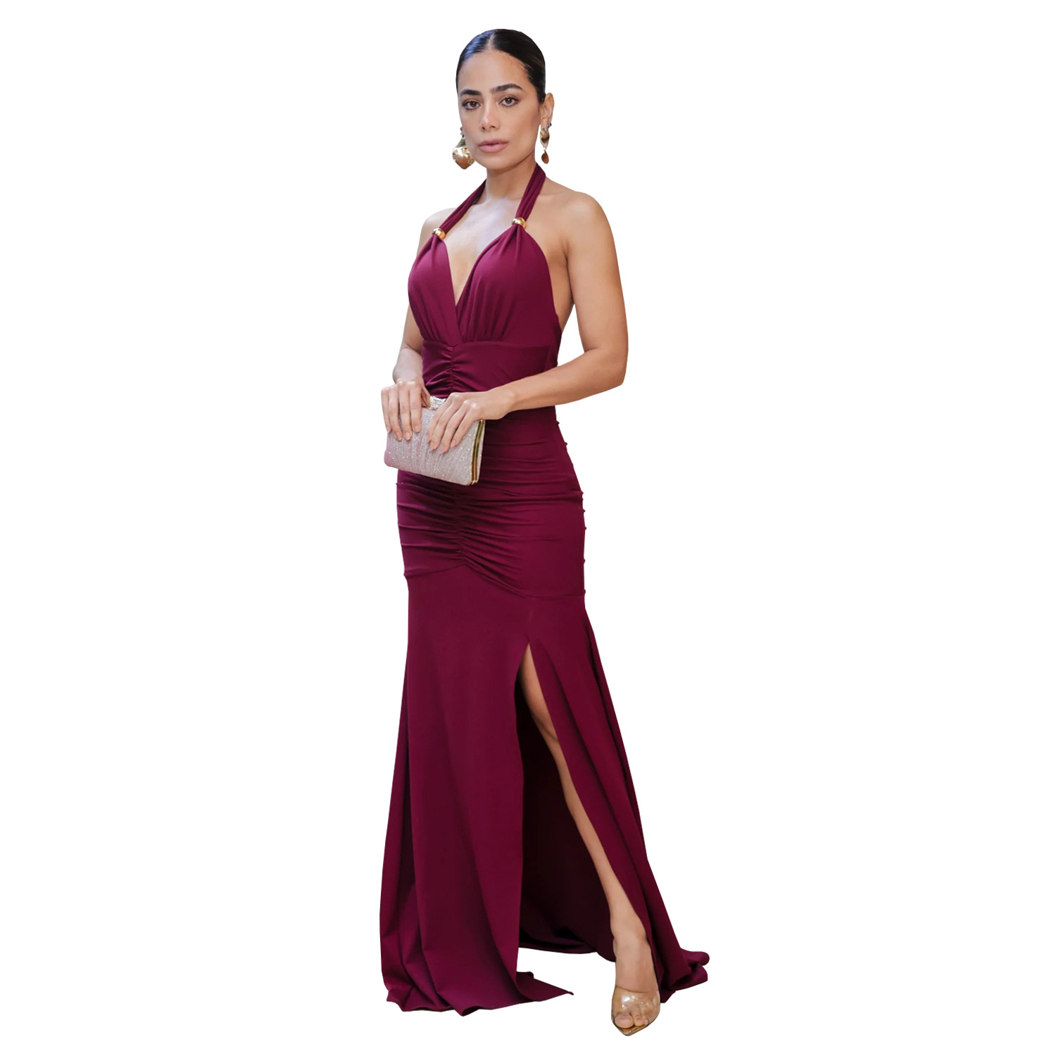C7552 Aliexpress transfronterizo amazon Europa y América moda mujer elegante color sólido sexy V-collar vestido bifurcado