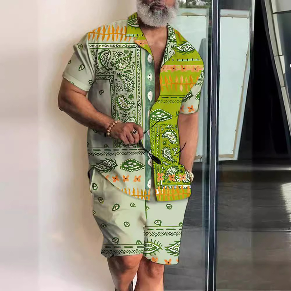 여름 새로운 남성 패션 트렌디 세트 반팔 셔츠 비치 반바지 3D 인쇄 캐주얼 투피스 세트