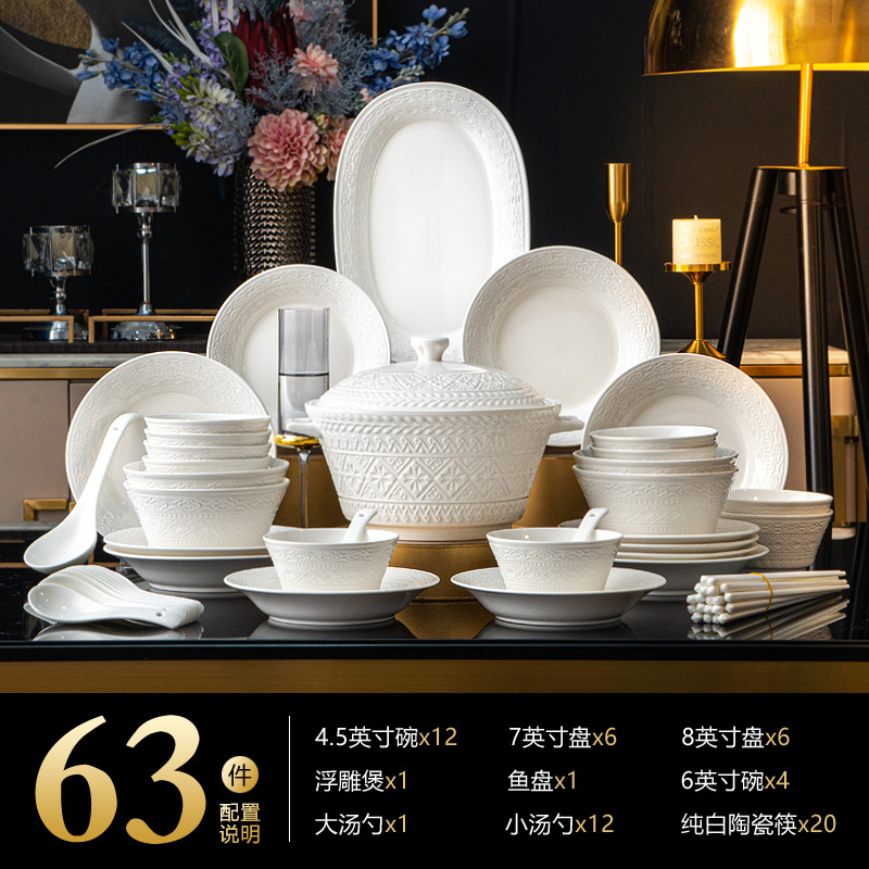 Nueva Jingdezhen estilo francés lujo ligero en relieve de alta sensación esmalte bajo tazones de colores palillos y platos set de cubiertos image 13