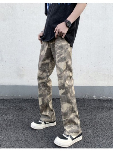 American Retro Light Color Floral Camouflage Jeans for Men, Fashion Long Pants, High Street Summer Slim Straight Pants