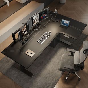 Corner Electric Lift Table L-Shaped Corner Leather Workbench Desk Home E-Sports Computer Table Solid Wood Desk