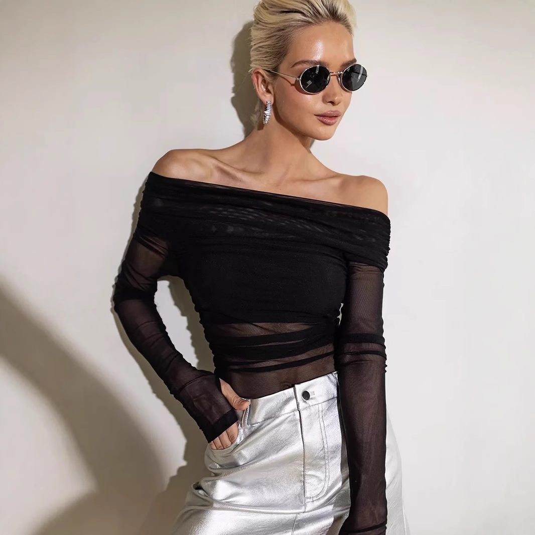 Comercio exterior al por mayor Amazon ropa de mujer europea y americana otoño e invierno nuevos productos con cuello de una línea sexy transparente malla costura camiseta de manga larga image 1