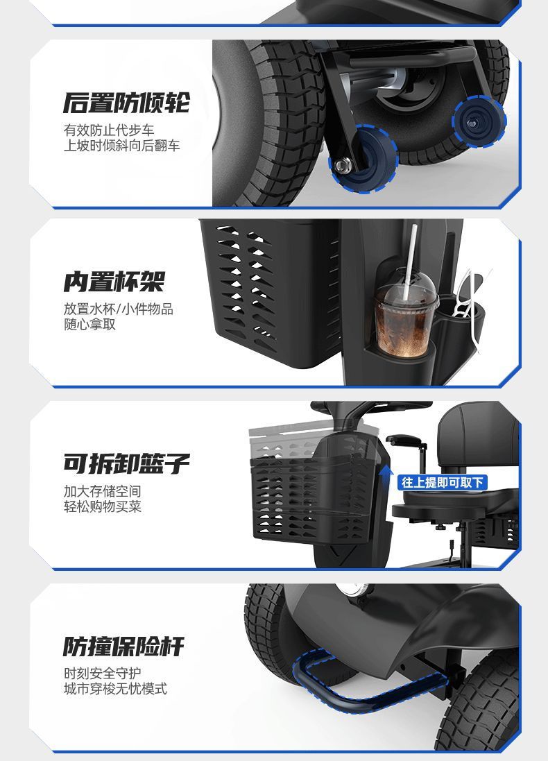 Elderly Mobility Scooter, Four-Wheel Electric Vehicle for Disabled People, Two-Seater Elderly Power-Assisted Vehicle, Small Household Electric Scooter, Low-Speed Foldable