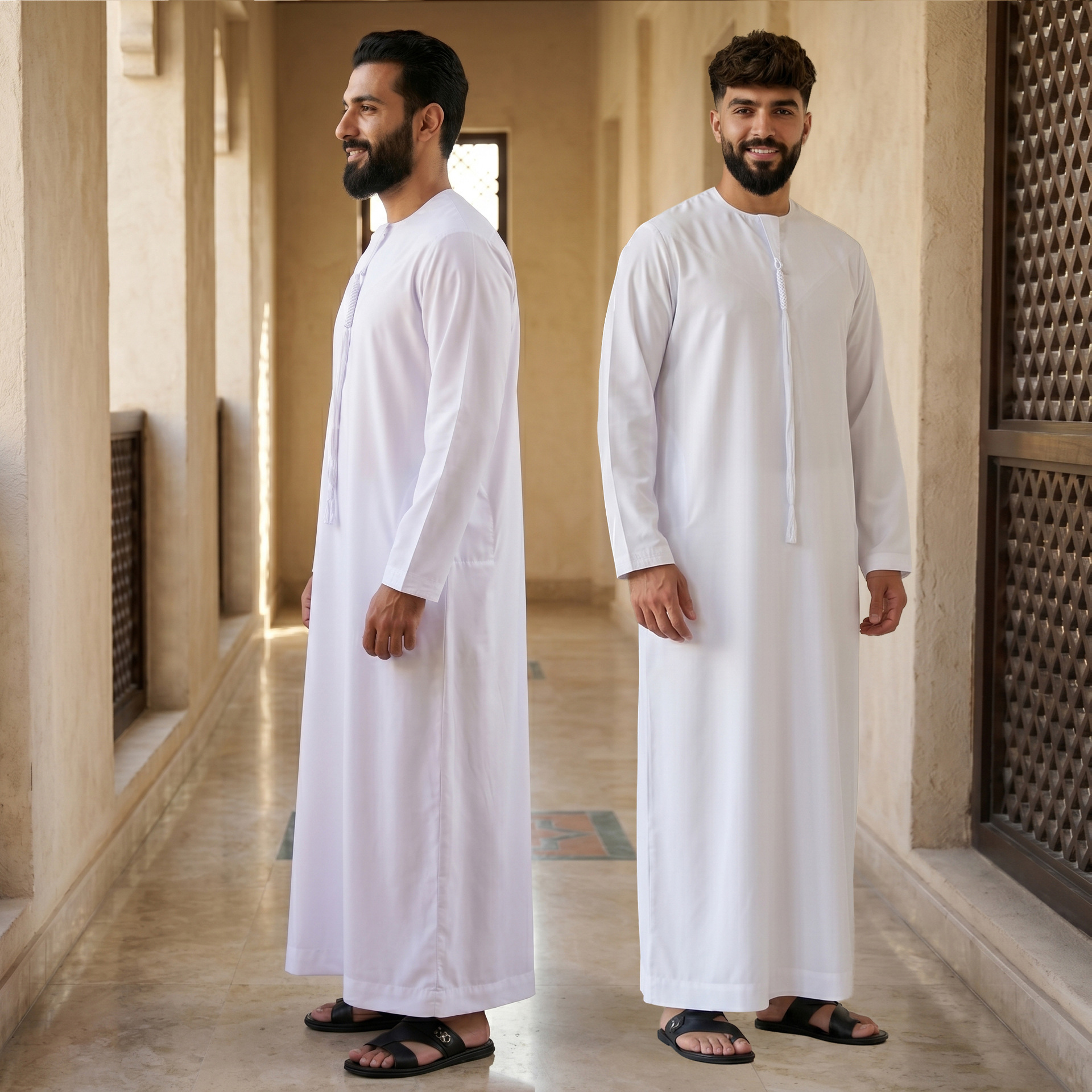 Fn177-3X-Am-888 New Style Men's Thobe White Round Neck Tassel Casual Home Robe for Men