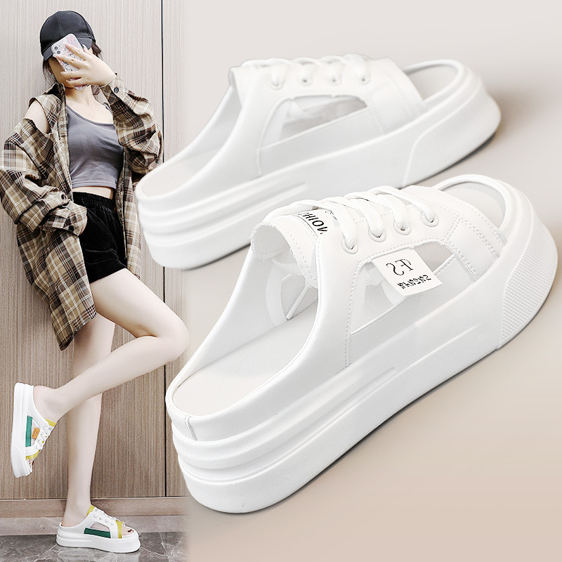 K8707 New Mesh Half Slippers 2023 Summer Trbottomy Cut Out Breathable Thick Sole Heightening Casual Slippers Sandals Sneakers