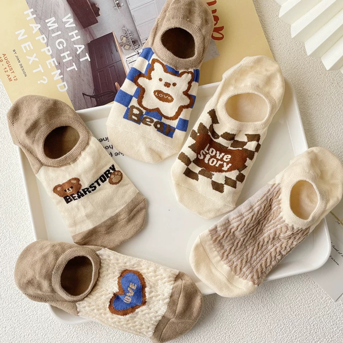 Brown bear invisible socks women's chessboard plaid socks summer versatile breathable cute casual boat Socks cartoon women's socks