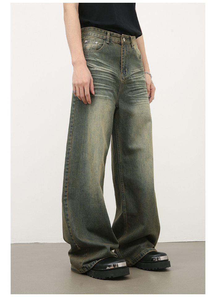 Quần jean nam ống rộng ống đứng dáng suông, vải denim giặt nước hiệu ứng râu mèo — Xanh cổ điển chi tiết 9
