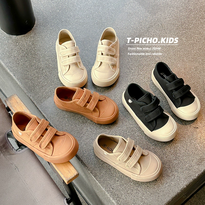 Мода корейская детская обувь конфеты низкого цвета детские холстовые туфли липучки 2024 весна и осень для мужчин и женщин на мягкой подошве