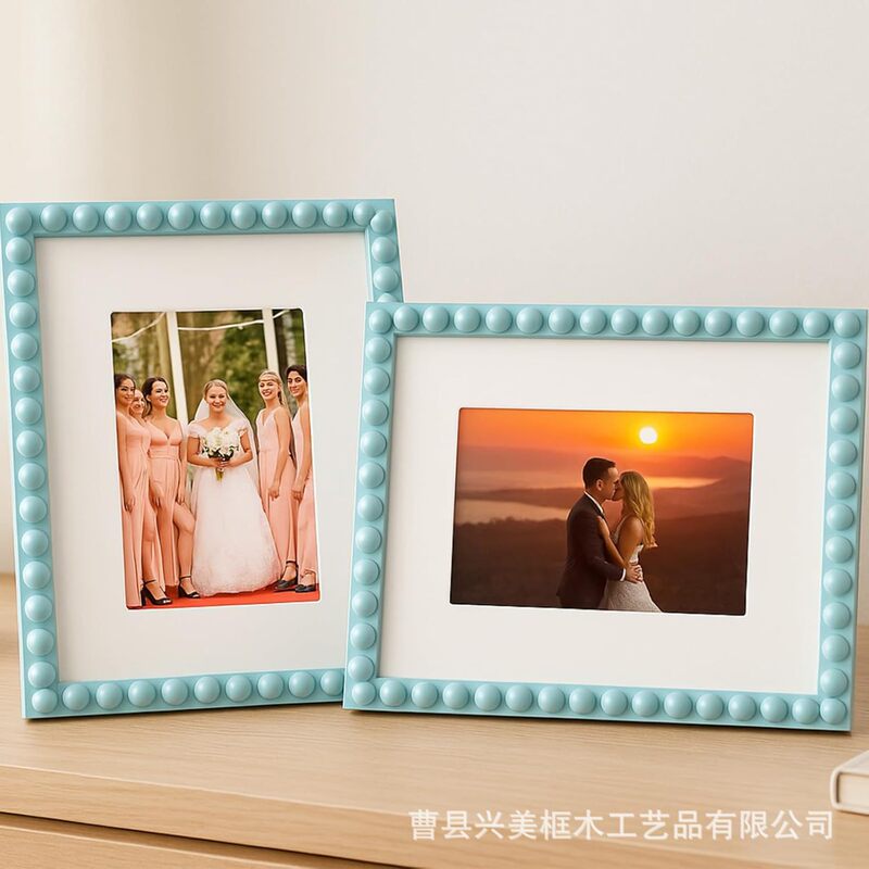 Wooden Beaded Photo Frame Bohemian Style Photo Frame Blue Boho Farmhouse Retro Rustic Wall