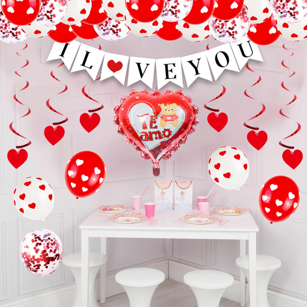 Valentine's Day confession balloon "I LOVE YOU" pull-up flag 12-inch round heart print heart-shaped bear balloon set
