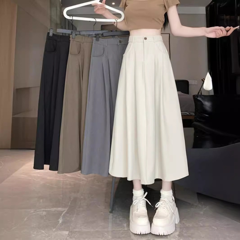 Off-White Suit Fabric Skirt for Women in Spring and Summer, Versatile Drapedy Casual A-Line Skirt, High-Waisted Slimming Look Mid-Length Skirt