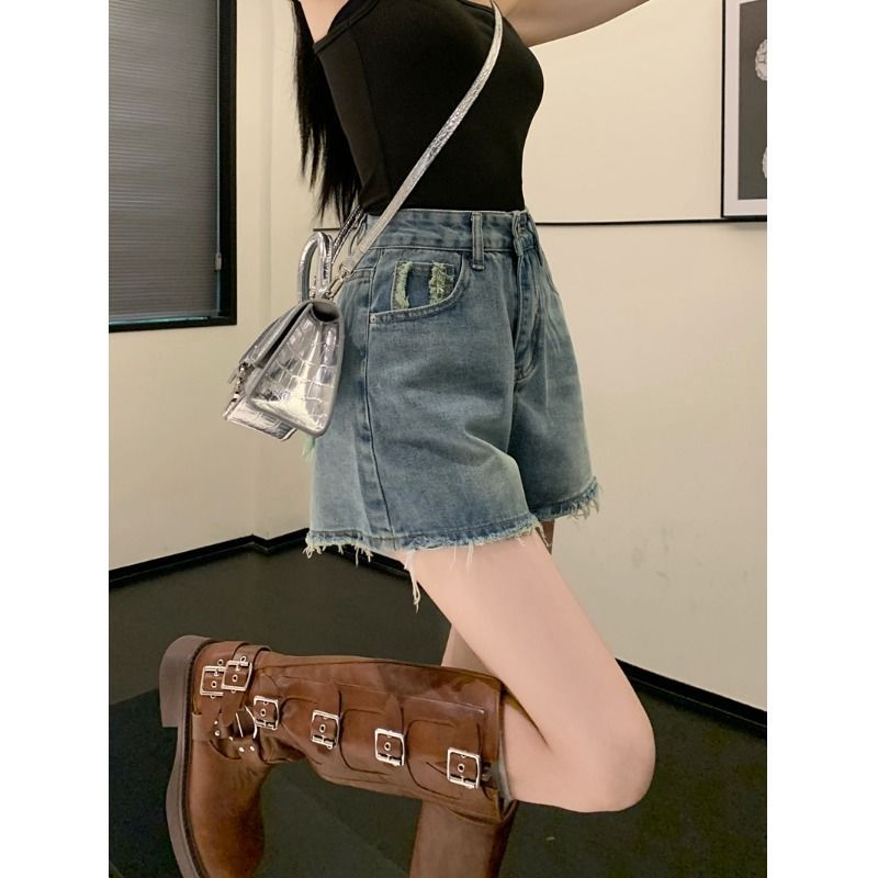 设计感复古水洗毛边A字牛仔短裤女夏季辣妹高腰显瘦直筒热裤子潮