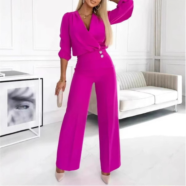2025 European and American Style Cross-Border Amazon Independent Station New Women's Solid Color V-Neck Two-Button Two-Piece Long Pants Set