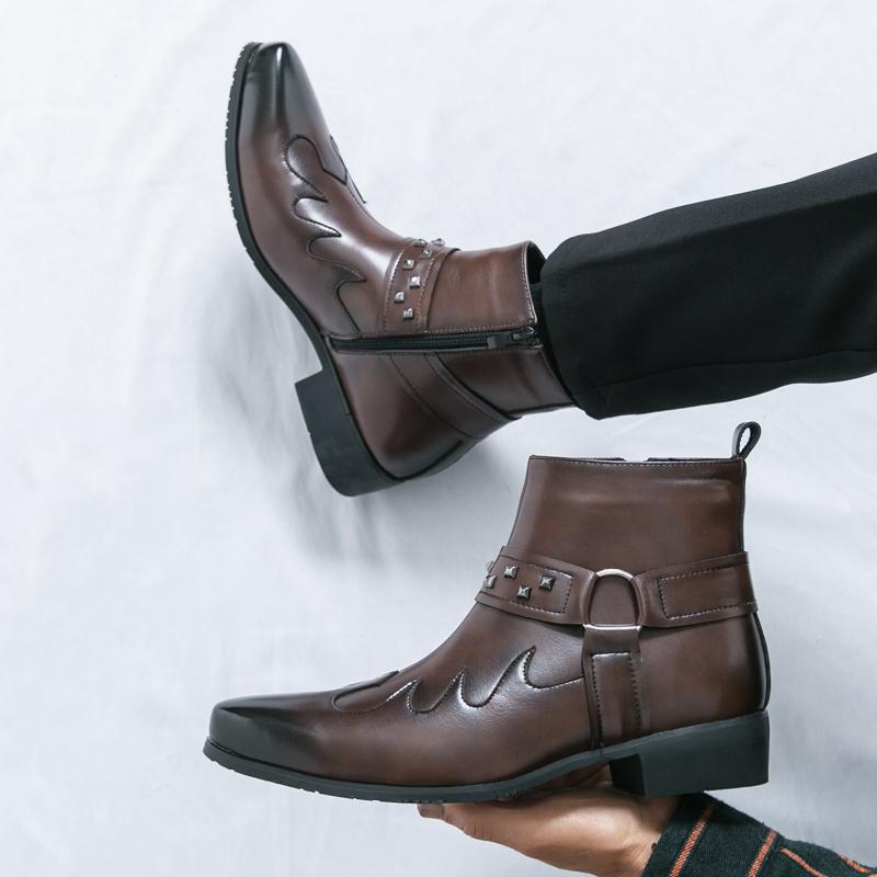 Botas de cuero de caballero mongol para hombres, botas retrógradas británicas para hombres, remaches de altura, botas Chelsea para hombres