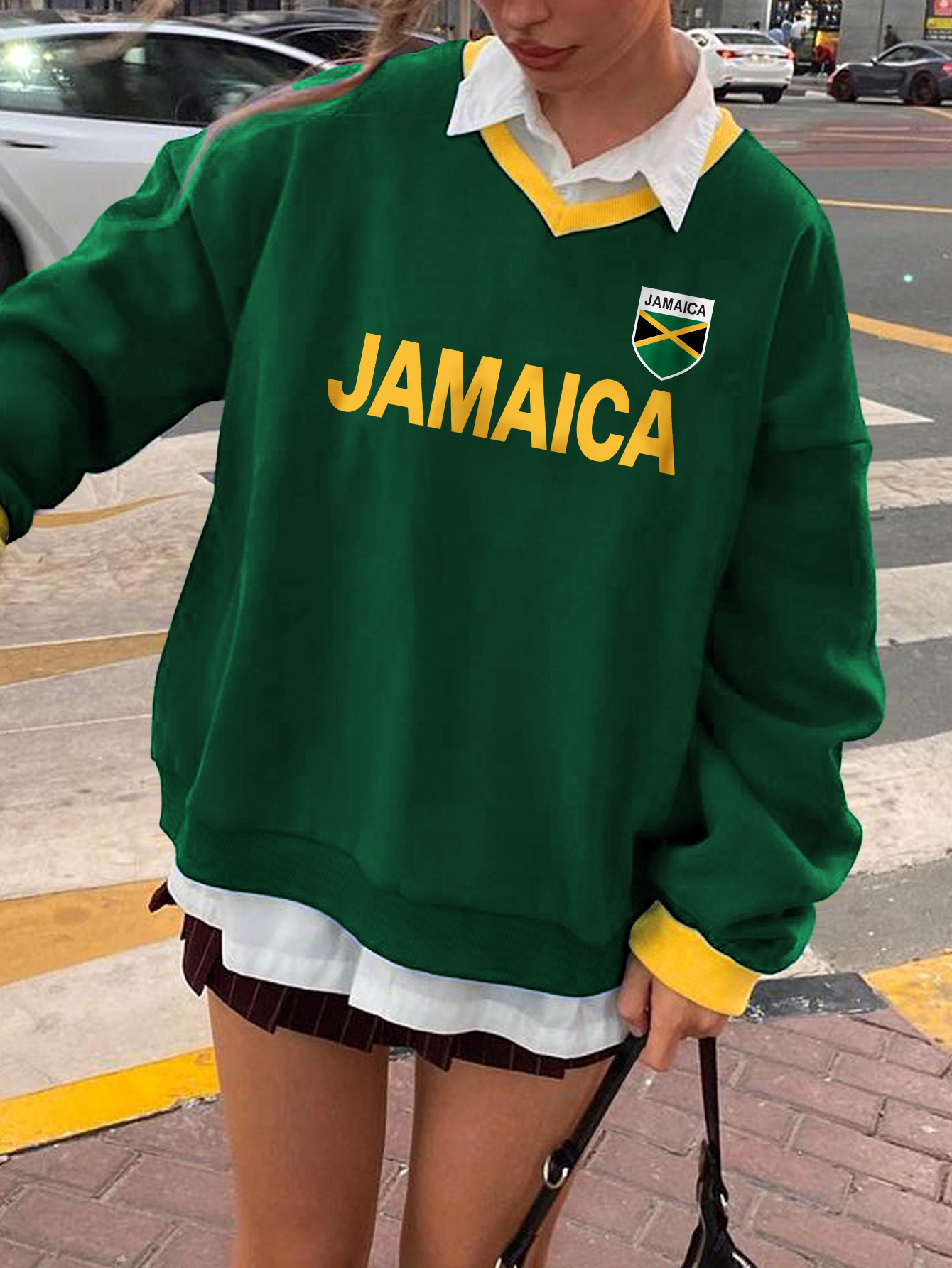 Felpa girocollo verde scuro autunno inverno stile americano con lettere di nicchia, slim e larga, da donna, stampa 3D_voghion.com