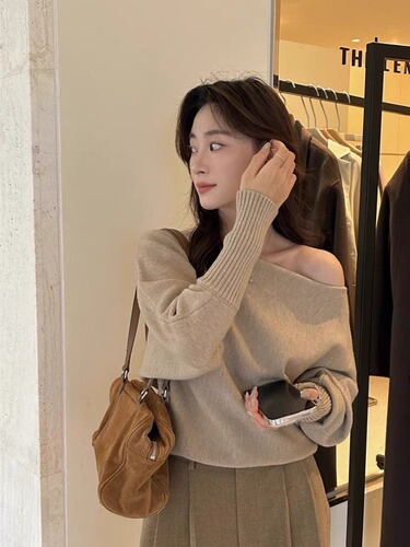 Pure Desire Knit Top, Long Sleeve, Spring and Autumn Season, Layering Sweater, Base Shirt, High-end Sensation, Slimming, One-shoulder Top