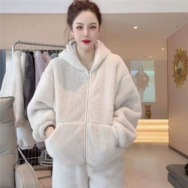 Европейский продукт с капюшоном двухсторонний арктический бархат теплый и толстый набор домашней одежды женский ленивый модный пижама из двух частей