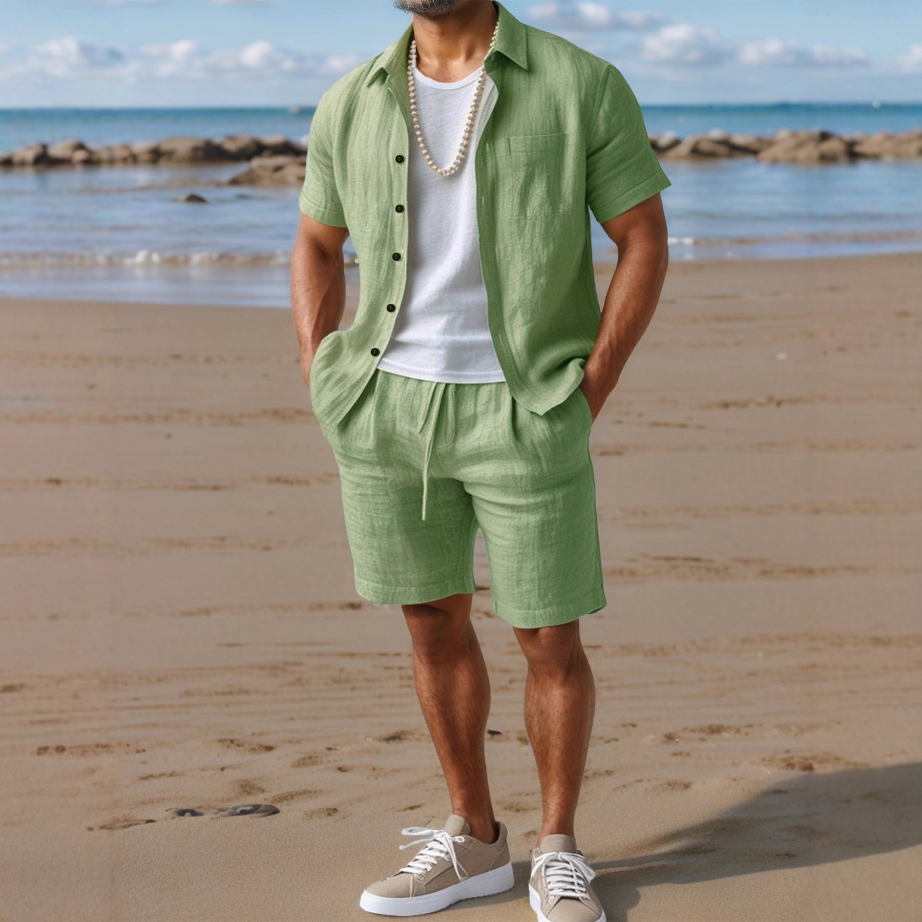 Cross-Border European and American Men's Casual Suits Linen Loose Button Lapel Shirt Solid Color Outdoor Beach Pants Suit