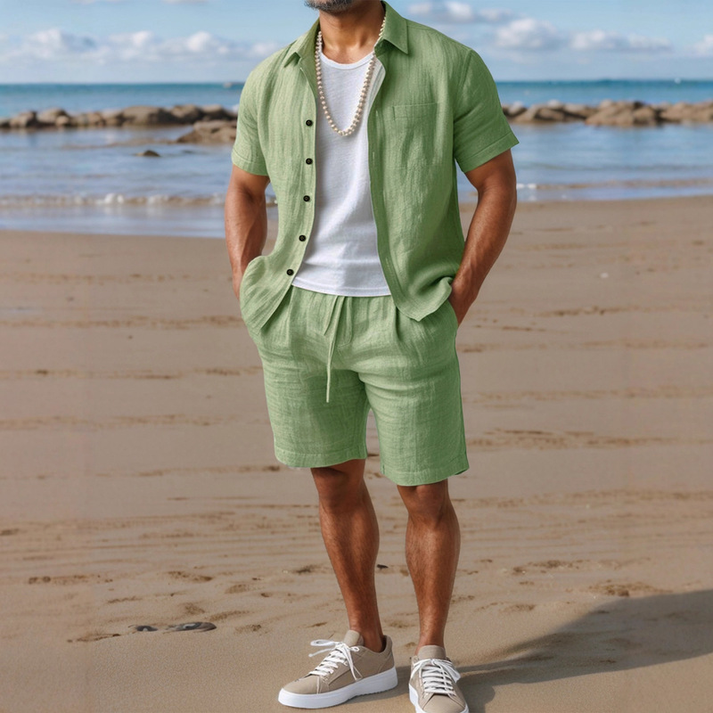 Cross-Border European and American Men's Casual Suits Linen Loose Button Lapel Shirt Solid Color Outdoor Beach Pants Suit
