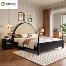 美式乡村复古风实木床1米8双人床1米5主卧法式婚床民宿藤编床黑色