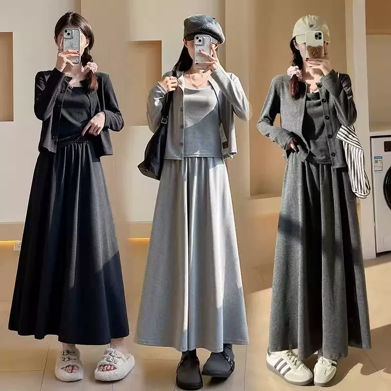 韩系半身裙套装女2025早秋穿搭套装气质针织开衫吊带长裙三件套