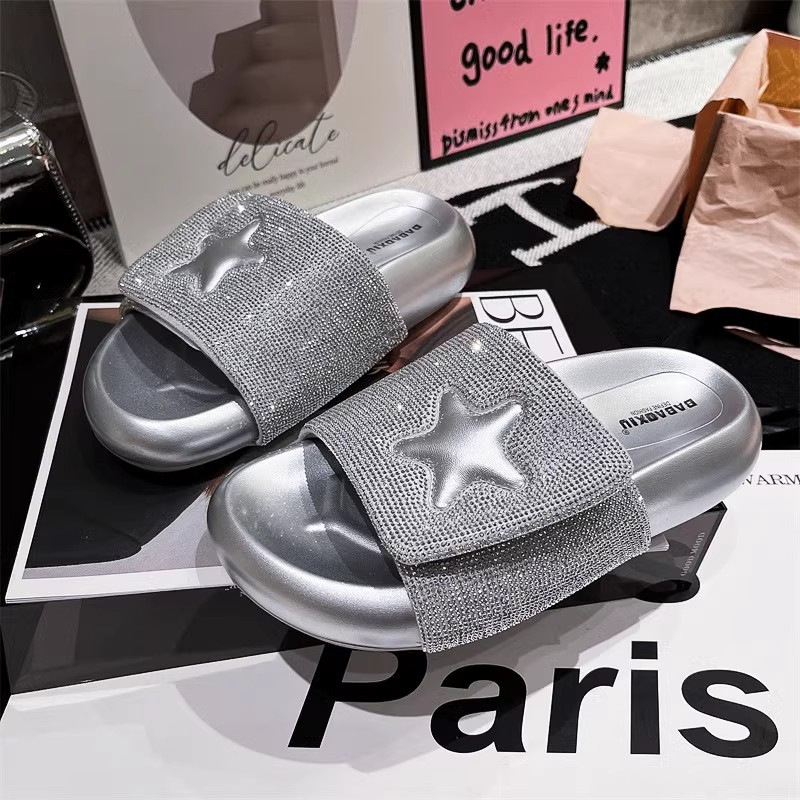 Shiny small rhinestone hook and loop thick bottom slippers 2024 fashion outdoor summer beach one-word sandals for women