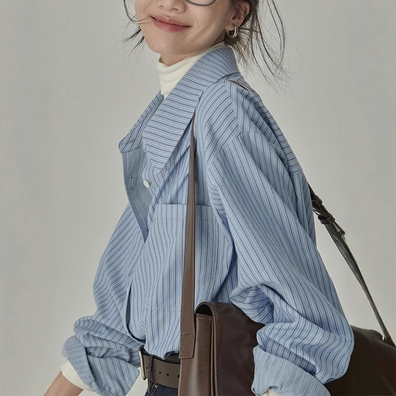 Restaurant HAVE/RICE current period B color value shirt autumn new blue striped loose draping shirt