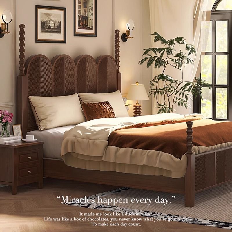 French Light Luxury Retro Carved Roman Column Wooden Bed American Antique Style Simple Modern Master Bedroom Large Bed Double Bed Wedding Bed