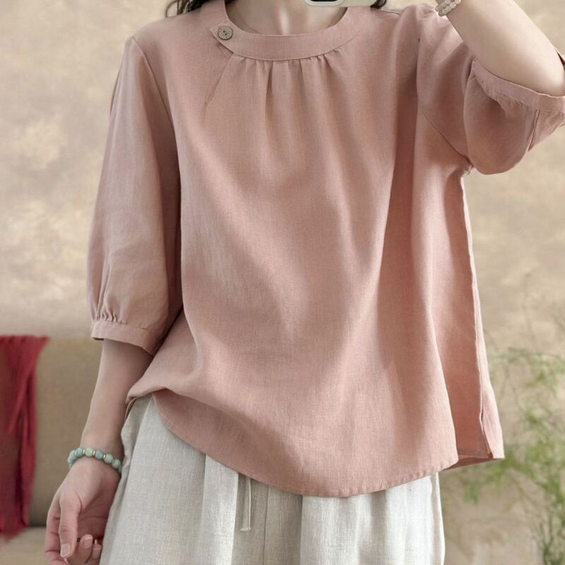 Summer Cotton Round-Neck Shirt, Loose Old Money Style, Women's Pullover Top, Ethnic Style, Retro New Chinese Style