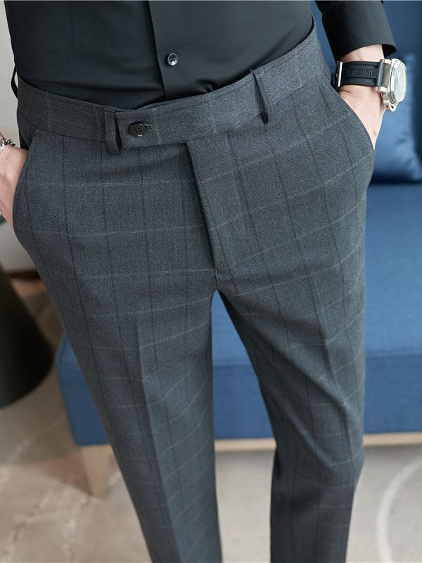 Pantalones de traje de hombre al por mayor de comercio exterior pantalones casuales de negocios pantalones de Traje a cuadros delgados sin planchar pantalones de hombre verde image 3