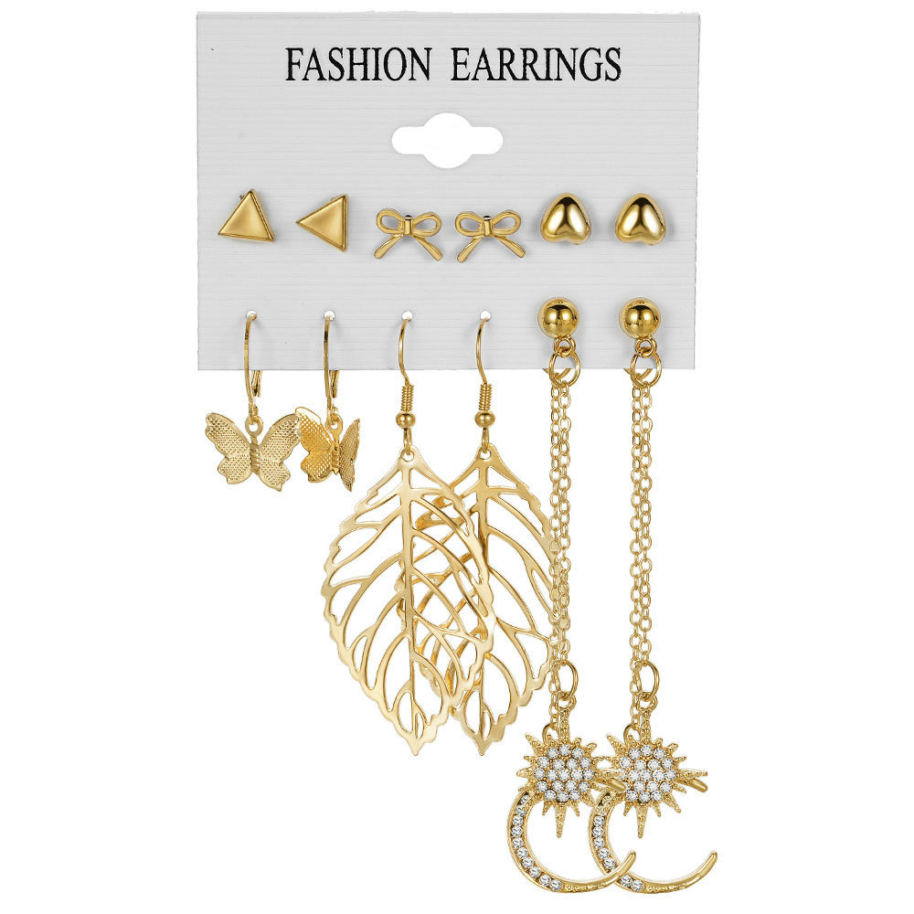 6 Pairs Retro Leaf Alloy Plating Inlay Carving Artificial Crystal Women's Drop Earrings Ear Studs display picture 9