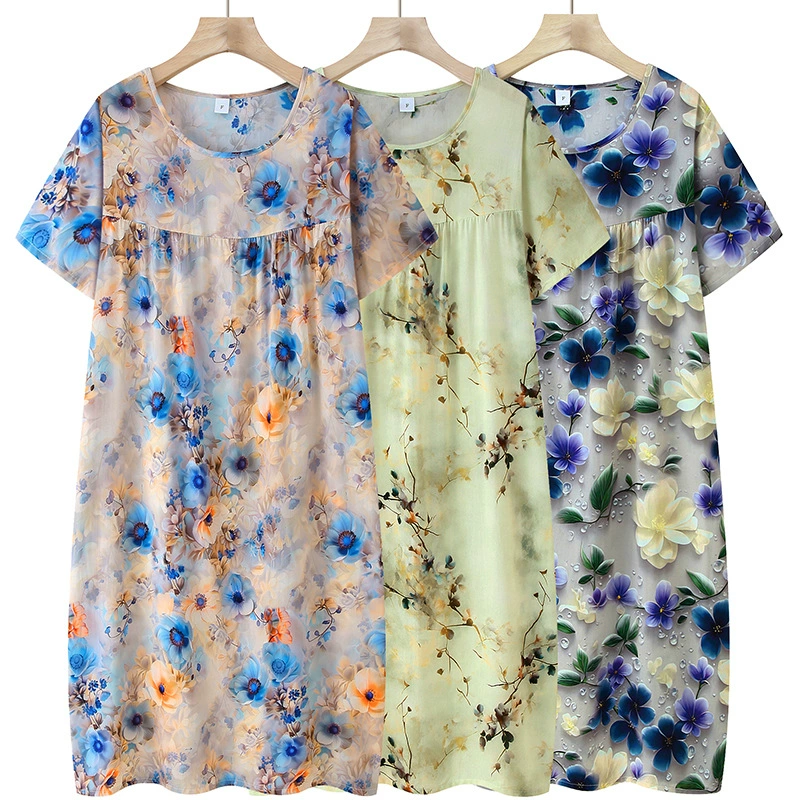 Летняя тонкая ночная рубашка, высококачественная домашняя юбка большого размера, юбка с короткими рукавами, новая ночная рубашка большого размера в китайском стиле для людей среднего и пожилого возраста.