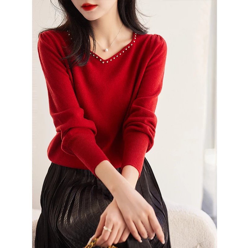 Red Knitted Knitwear for Women in the Year of Birth, Autumn and Winter Inner Knitted Knitwear Top, Rhinestone Embellished V Neck Knitwear Red Red Knitted Knitwear for Women in the Year of Birth, Autumn and Winter Inner Knitted Knitwear Top, Rhinestone Embellished V Neck Knitwear Red