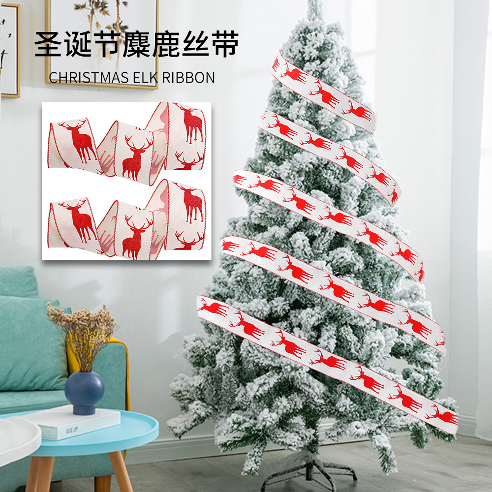 Cinta de Lino Fino con Diseño de Reno Navideño 2025, 6.3 cm, Cinta Decorativa para Árbol de Navidad, Cinta de Reno Navideño