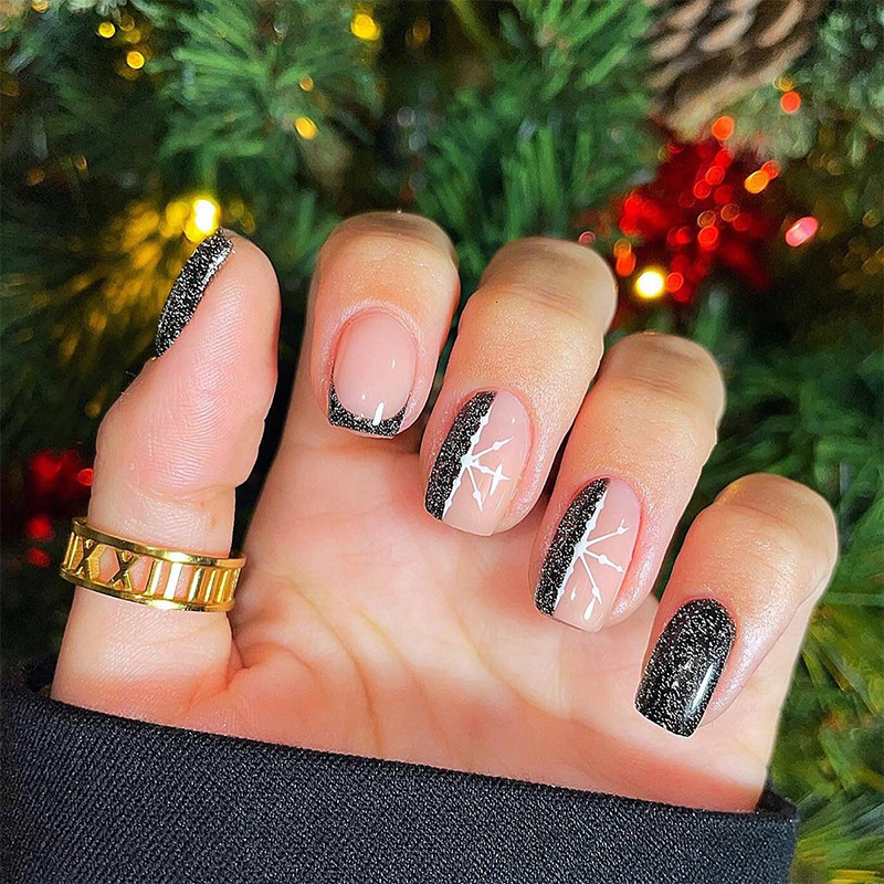 Black Glitter French Nail Art Finished Cross-border Hot-selling Wear A Snowflake Fake Nail Finished Nail Patch