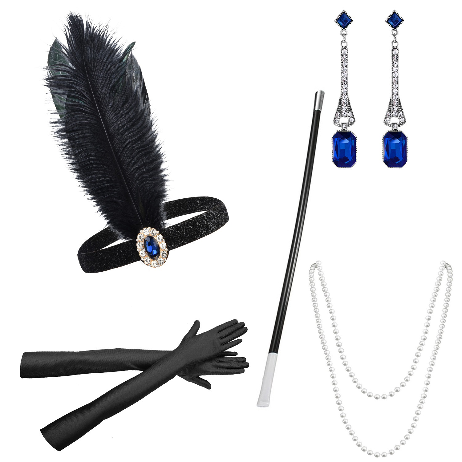 1920 Masquerade Blue Diamond Head desgaste femenino Gatsby Bachelor Party Negro headwear traje de bola en stock