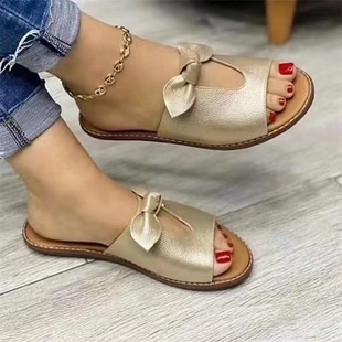 Cross-Border New Summer Women's Flat Slippers with Bow Decoration Wide Strap Slippers Solid Color Large Size Flat Sandals
