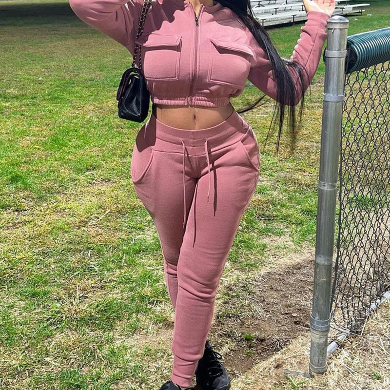 zipper solid color high waist long sleeve top and pant set NSJZC139601