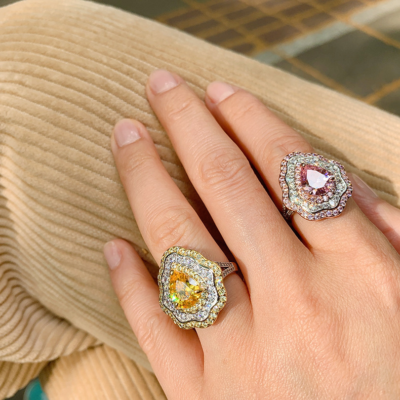 New Pink Diamond with Micro Setting Pear shaped Ring, Colorful Jewelry, Exaggerated Zircon Ring for Women_voghion.com