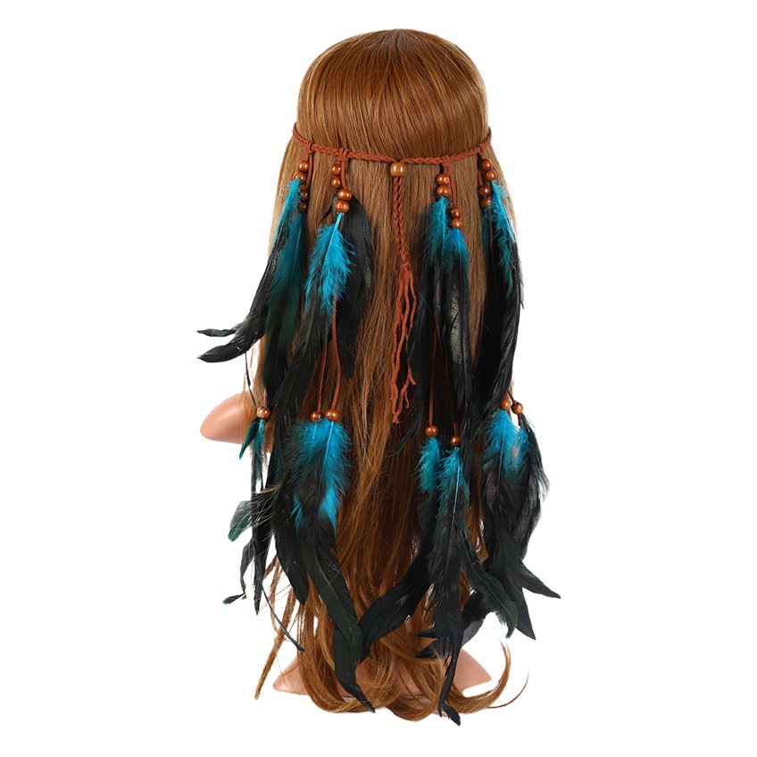 YM127 cruz-frontera multicolor larga pluma banda de pelo bohemio estilo étnico pluma tocado punto escénico foto