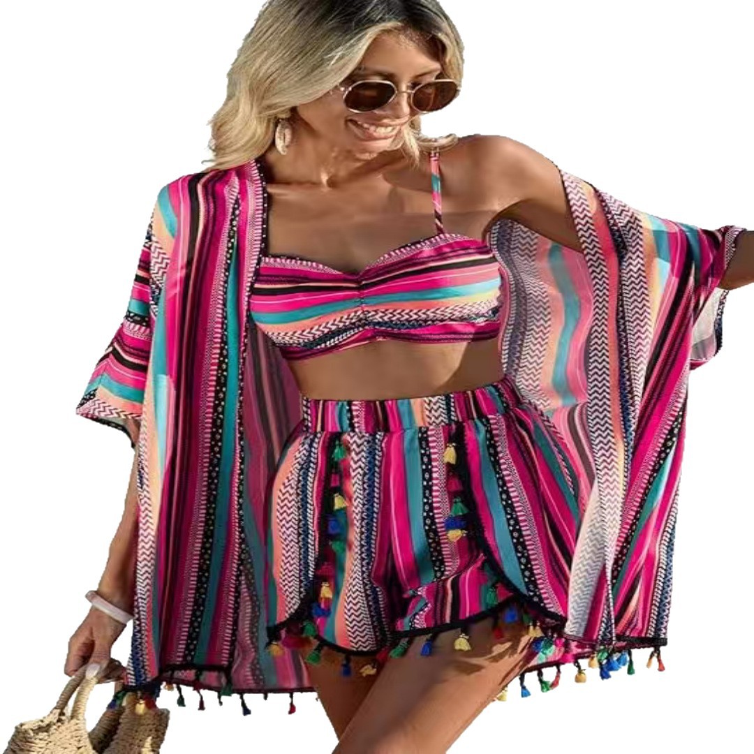 Costume da bagno sexy da donna a due pezzi, stile europeo-americano con incrocio di confini, bikini a quattro pezzi in chiffon stampato._voghion.com