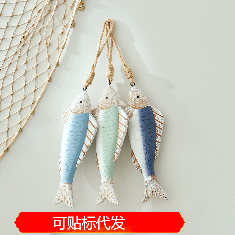Mediterranean Retro Wooden Fish Skewer Wall Hanging Ocean Style Country B&B Tavern Restaurant Wall Art Decoration
