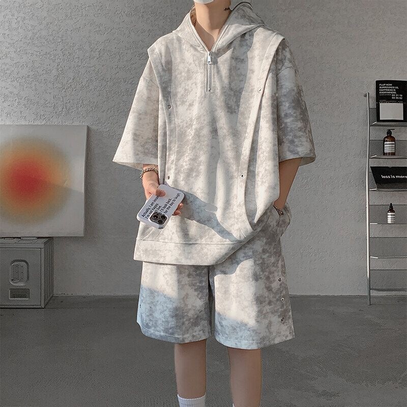 Extra Large Size Plus-Size Casual Sports Top for Men, Summer Single-Piece Outfit, Oversized Hooded Short-Sleeve