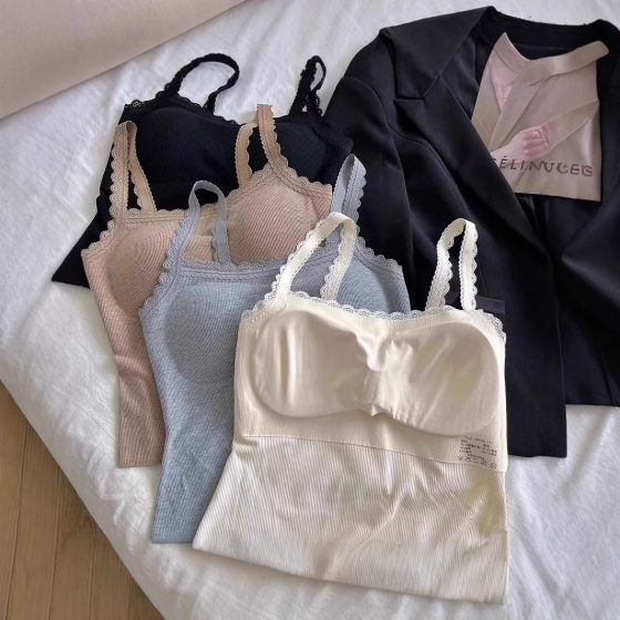Korean Style Ins Style Threaded Dummy Camisole Vest with Lace Neckline Basic All-match Comfortable Scrub Vest for Women