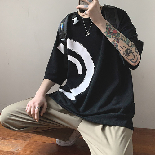 Fashion Men's Summer Streetwear Couple's Love Heart Short Sleeve T-Shirt Men's Korean Style Trendy Loose Round Neck Five-and-a-Half Sleeve Trendy T